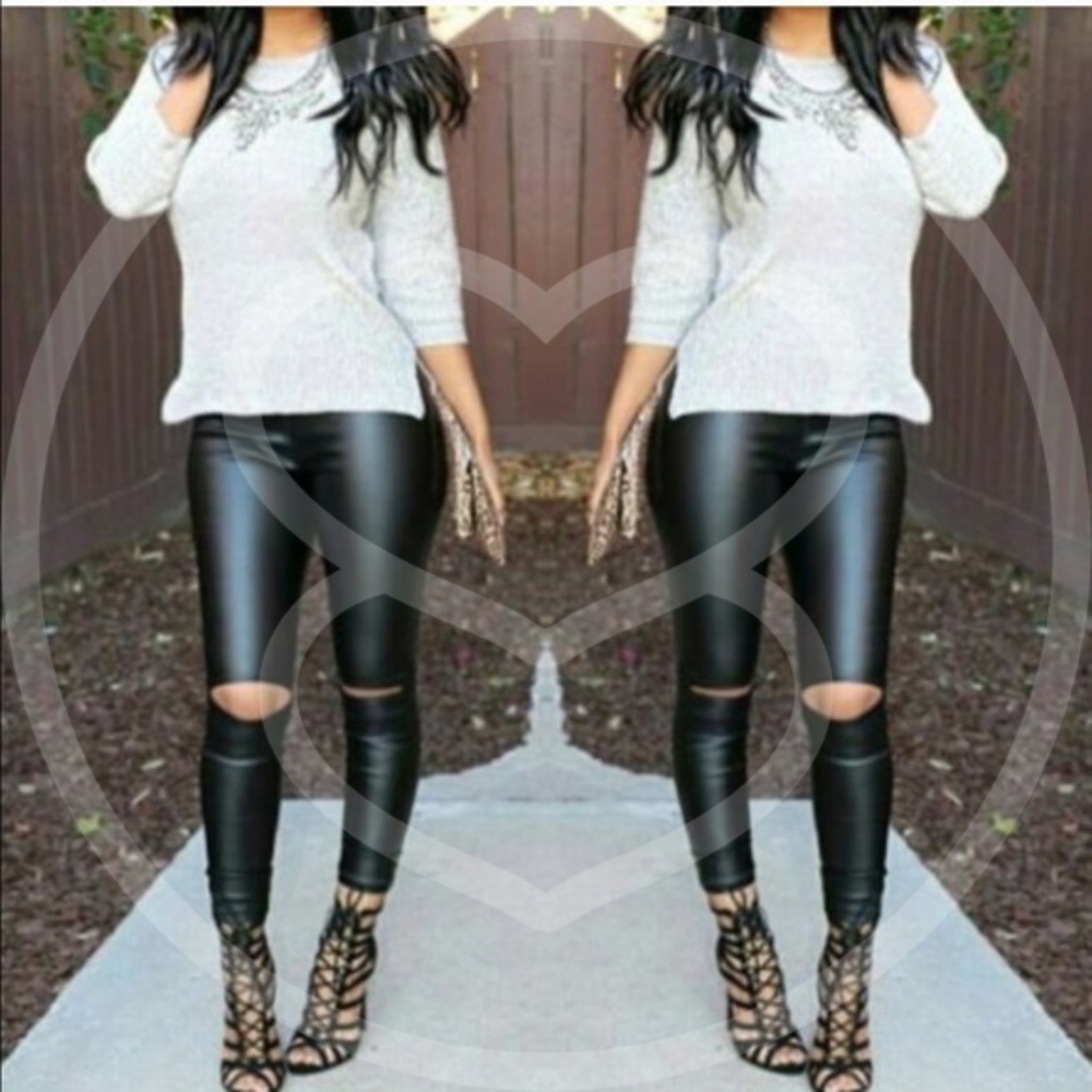 High Waisted Tummy Control Vegan Leather Leggings - Picture 5 of 5